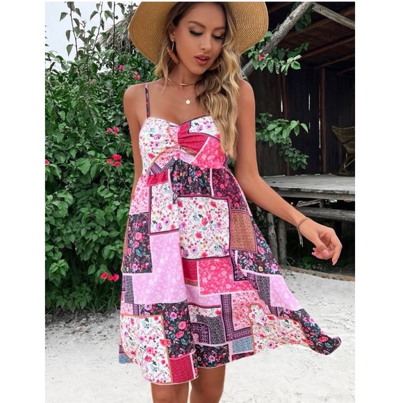 Other - Boho multicoloured Patchwork Ruched Cami tunic dress